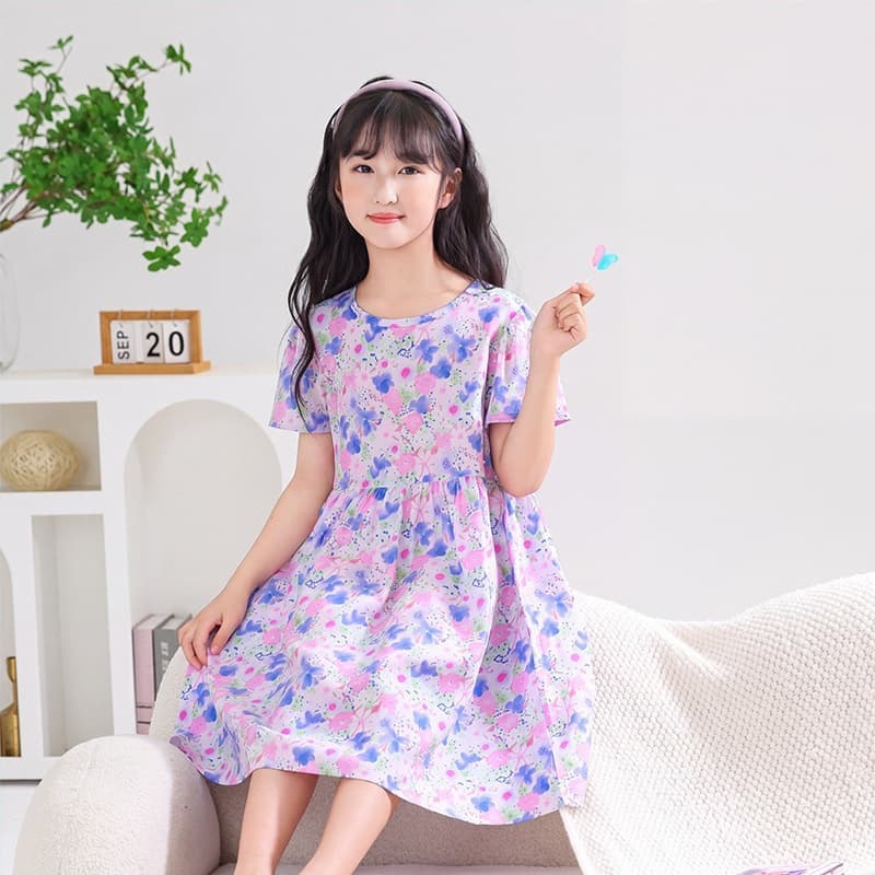 Girls Summer Dress Kids Bubble Sleeve Floral Dress Middle and Big Kids Short Sleeve Dress Little Girl Princess Dress Fashionable