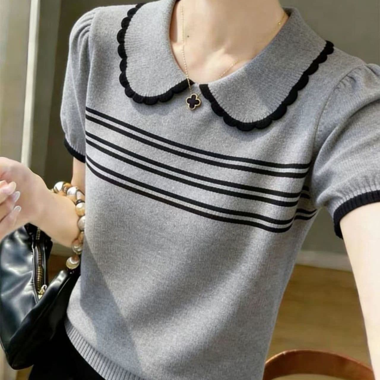 2026 Summer New Arrival Peter Pan Collar Striped Knit Top for Women, Contrast Color Slimming Versatile Youthful Top