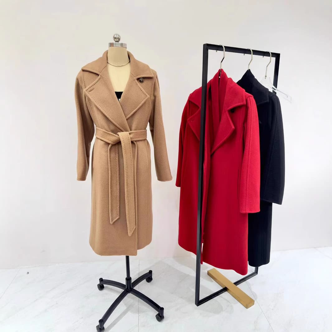 Manuela Wool Cashmere Coat M Brand Water Ripple Notched Lapel Slim Fit Midi Classic Camel Belted Coat