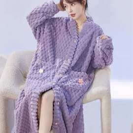 Women's Flannel Nightgown Set for Autumn and Winter, Plus Size, Thickened Velvet Bathrobe, Coral Fleece Pajamas, Homewear