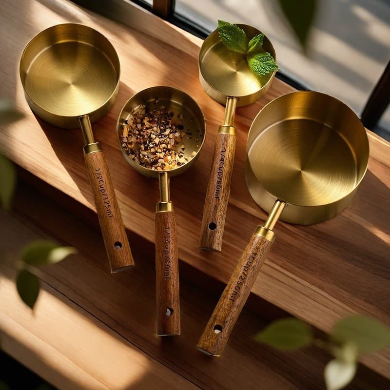 Gold-Plated Stainless Steel Measuring Cups and Spoons with Acacia Wood Handles, 8-Piece Set, Kitchen Baking Tools
