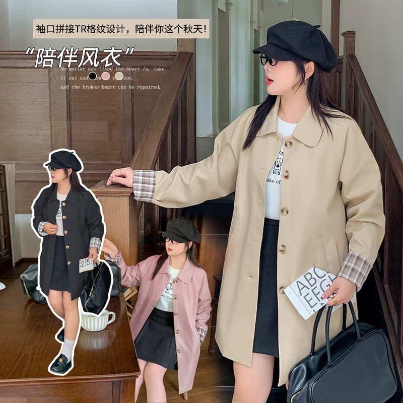 Enuo Plus Size Women's Patchwork Plaid Short Trench Coat Autumn New Arrival Essential Meat-Concealing Coat 331661