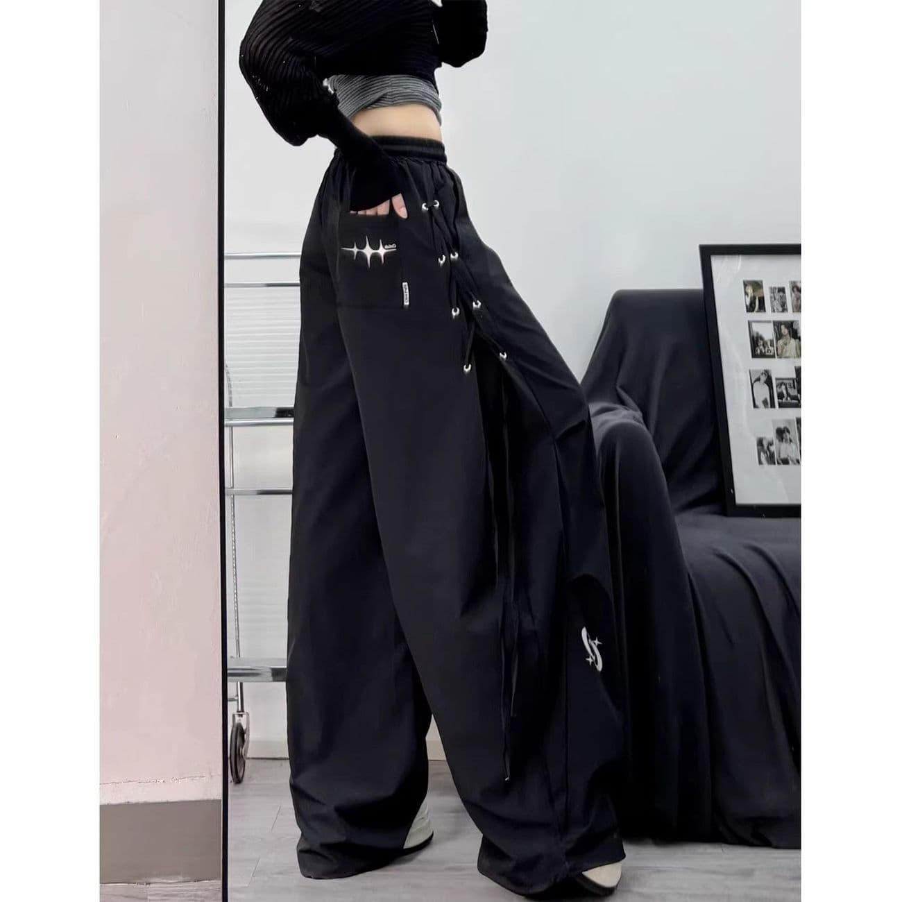 American Retro Black Strappy Cargo Pants Women 2026 Summer New Loose High Waist Slimming Wide Leg Sports Pants