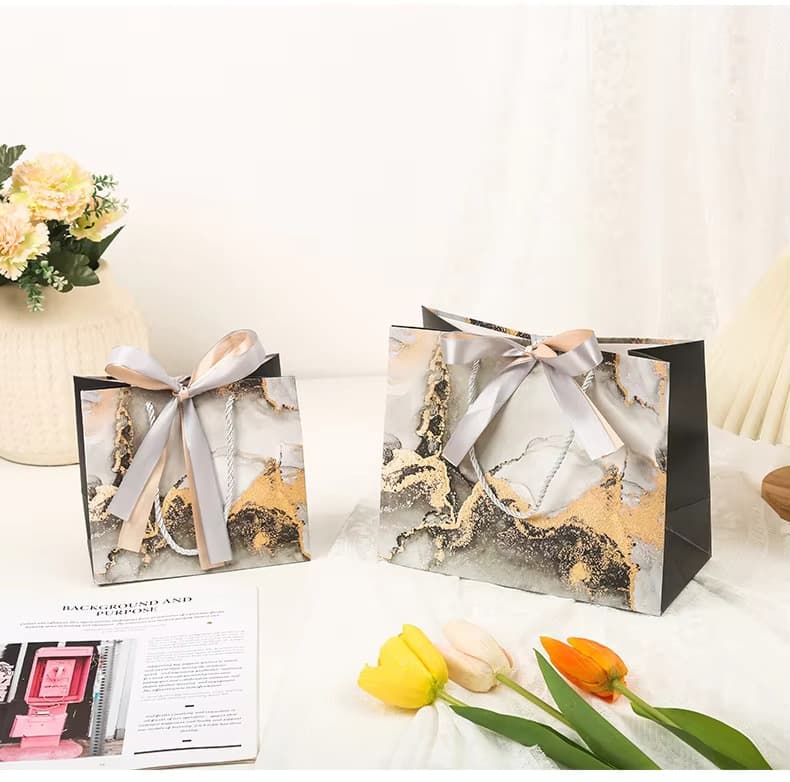 Paper bag customization spot ink marble pattern ribbon commemorative paper bag holiday gift bag printing LOGO