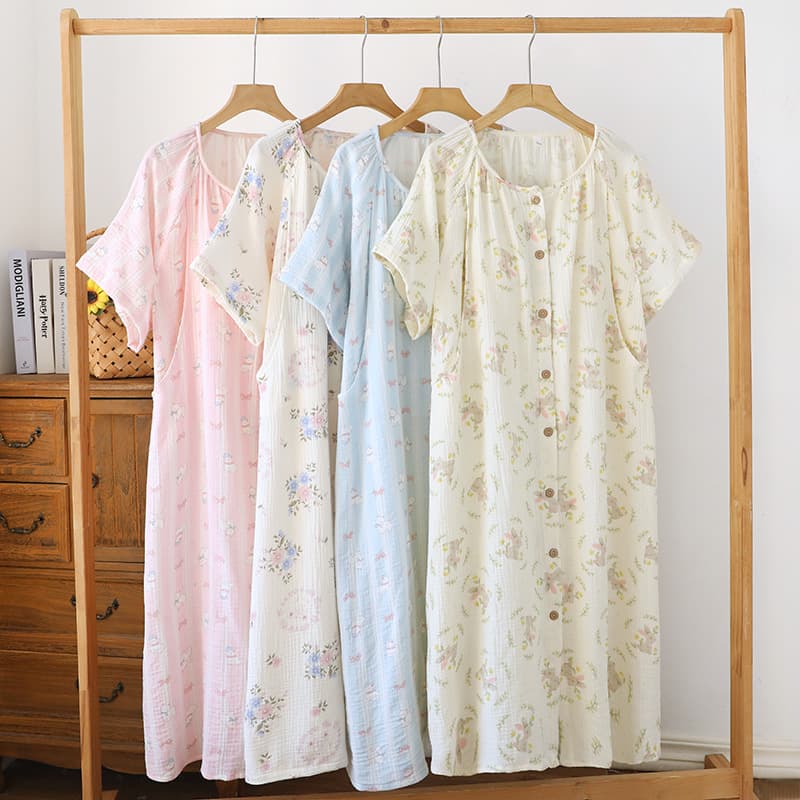 Maternity Dress with Short Sleeves and Breast Pads for Hospital Delivery Room, Summer Nursing Nightgown, Postpartum Confinement Clothing, Cotton Gauze Maternity Dress