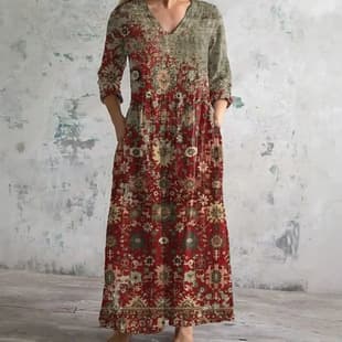 Amazon Independent Site Cross-Border 2026 New European & American Women's Loose V-Neck Fashion High-End Long-Sleeve Printed Dress