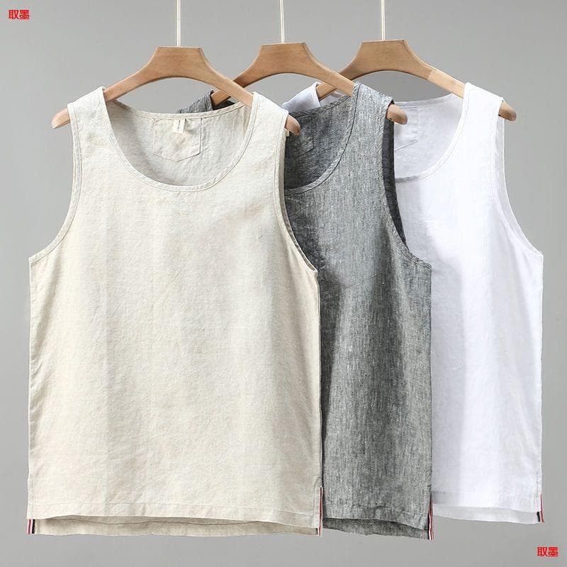 2025 New Summer Men's Casual Linen Solid Color Sleeveless White Vest Loose T-Shirt Top