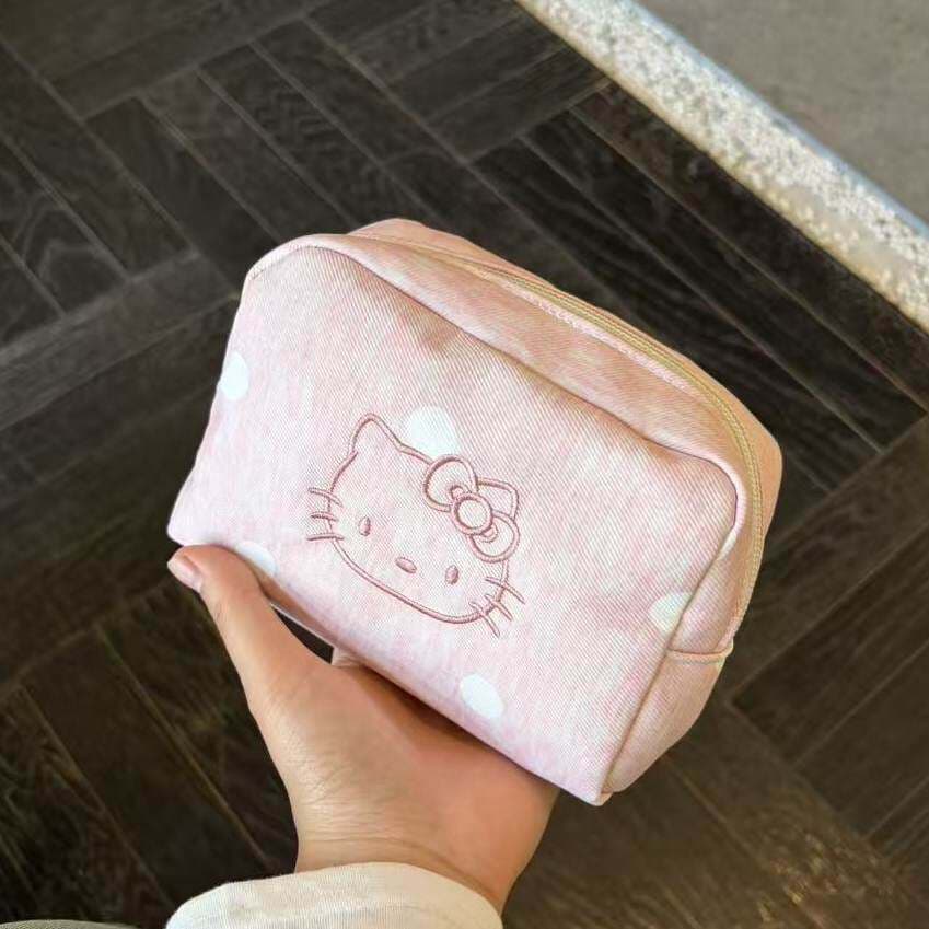 Cartoon gentle style kitty embroidered pink polka dot storage bag lipstick change ins style girl portable cosmetic bag