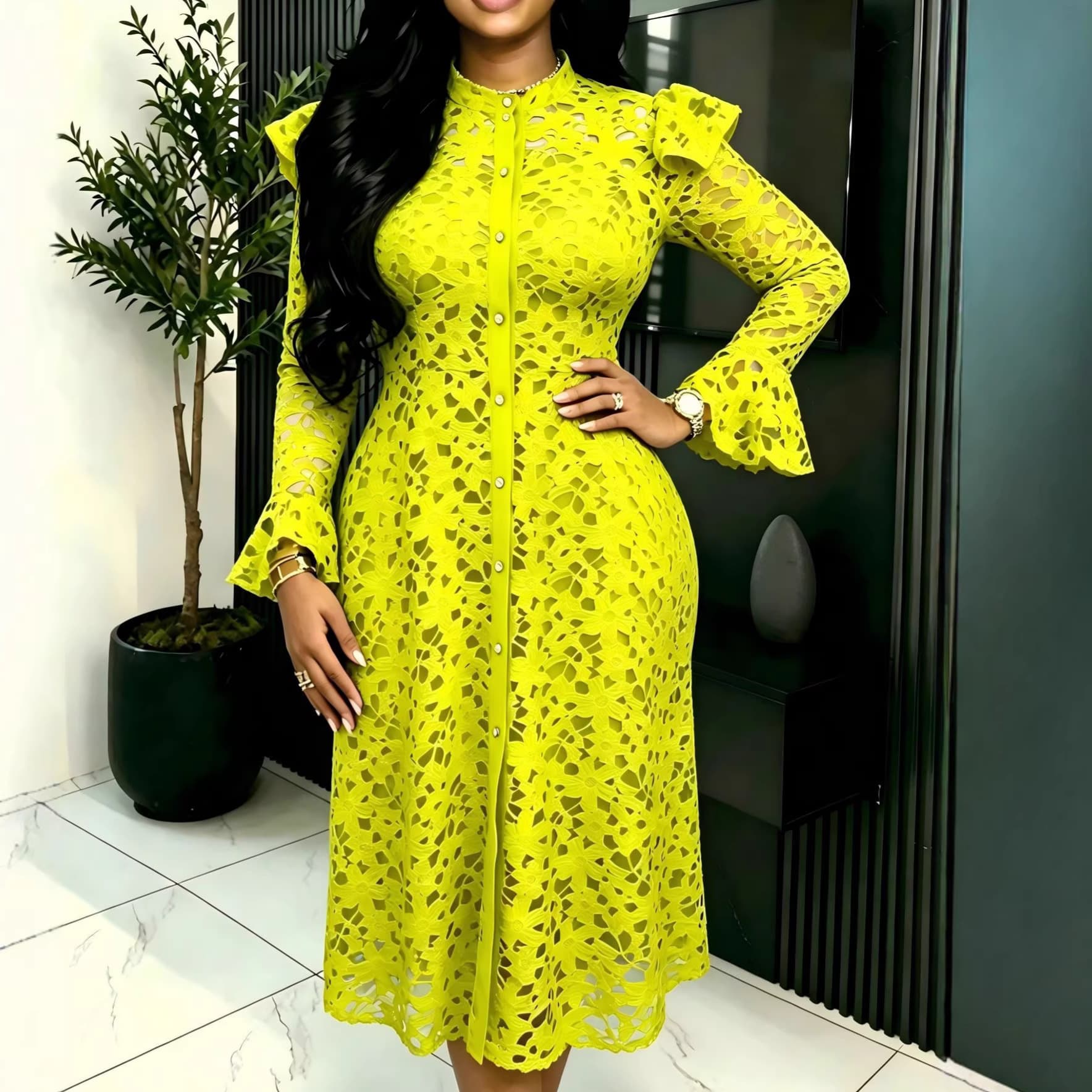 Cross-border Lace Waist-cinching Long-sleeve Cardigan with Camisole Dress Flared Sleeve Hollow-out Two-piece Set Dress Woman