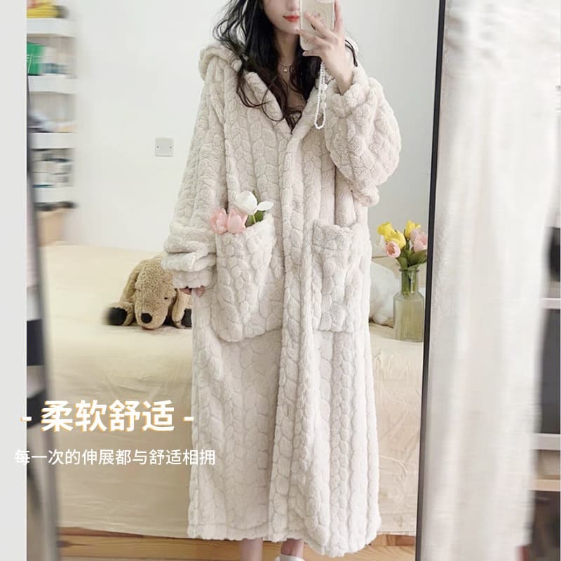 Korean Style New Women's Pajamas Coral Fleece Thick Bathrobe Loose Warm Homewear Autumn Winter Long Bathrobe Pajamas