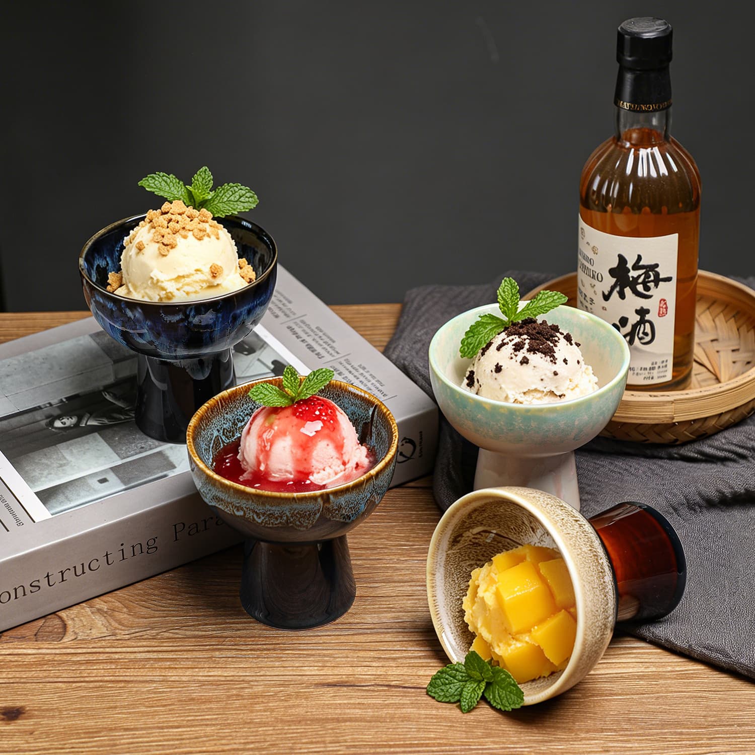 Creative High-Footed Bowl for Export, Japanese-Style Ceramic Snack Bowl, Cold Dish Bowl, Yogurt Cup, Dessert Cup, Pudding Bowl, Commercial Tableware
