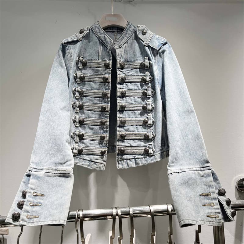 Trending 2025 Spring New Classic Metal Bone Buckle Strap Washed Denim Jacket Short Coat