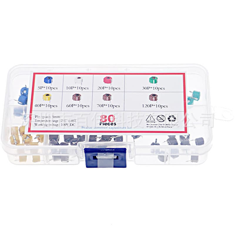 80 adjustable/fine-tuning capacitors in 8 different sizes, 6mm, 5/10/30/60/120pF. Variable capacitor kit.