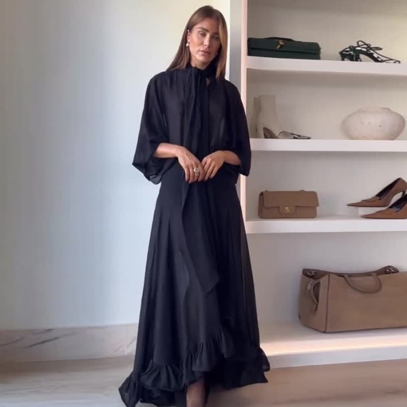2024 Fall New Arrival European and American Amazon Cross-border Women's Solid Color Mature Style Flared Loose Long-sleeve Dress