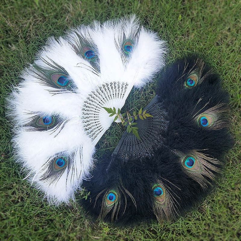 Peacock Feather Fan, Chinese Folding Fan for Cheongsam Fashion Show, Sandalwood Handle Decorative Hanging Fan, Vintage Wedding Peacock Feather Fan