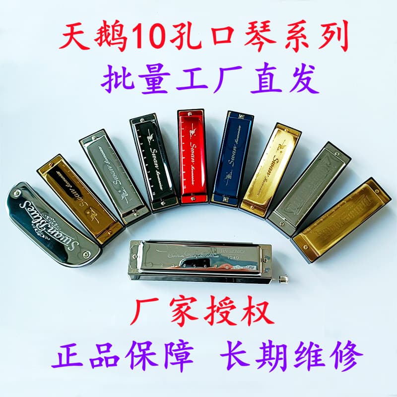 Genuine Swan Harmonica Silver 10-Hole Key of C Blues Harmonica Beginner Professional Ten-Hole Entry Instrument