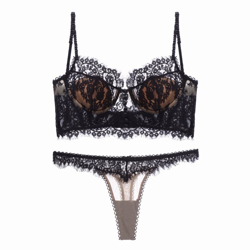 New Summer Lace Thin Cotton Padded Bra Set with Push-Up Effect, U-Shape Deep Back Design for Women