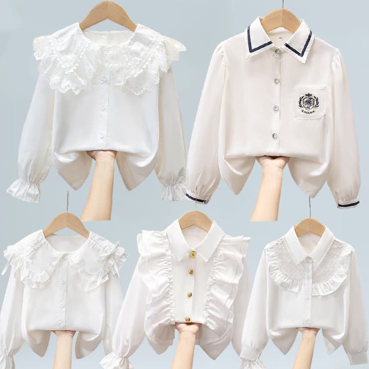 Girls Long Sleeve Shirt New Fashion Cardigan Children's Top Kids Cross-Border White Shirt Export