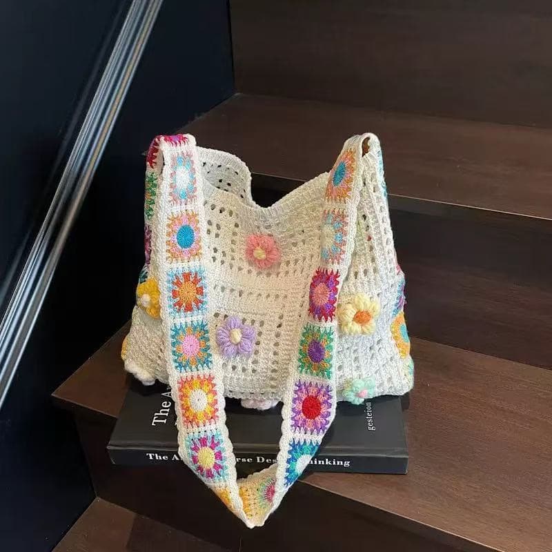 Spring Summer Cute Floral Knit Bag Women's New Beach Bag Seaside Vacation Style Large Capacity Korean Style Shoulder Bag