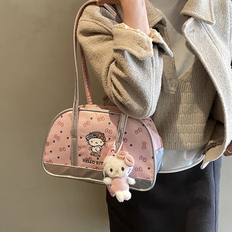 New Kt Cat Pink Color-Blocking Shoulder Bag for Women, Cute Cartoon Large-Capacity Handbag, Girly Commuter Bag