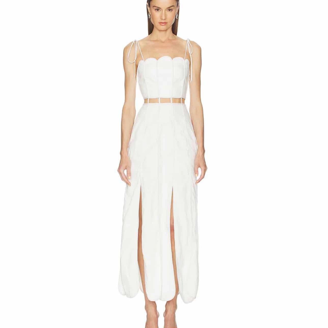 European and American French Camisole Dress Wave Bustier Waist Hollow Double Slit Petal Hem White Dress Amazon