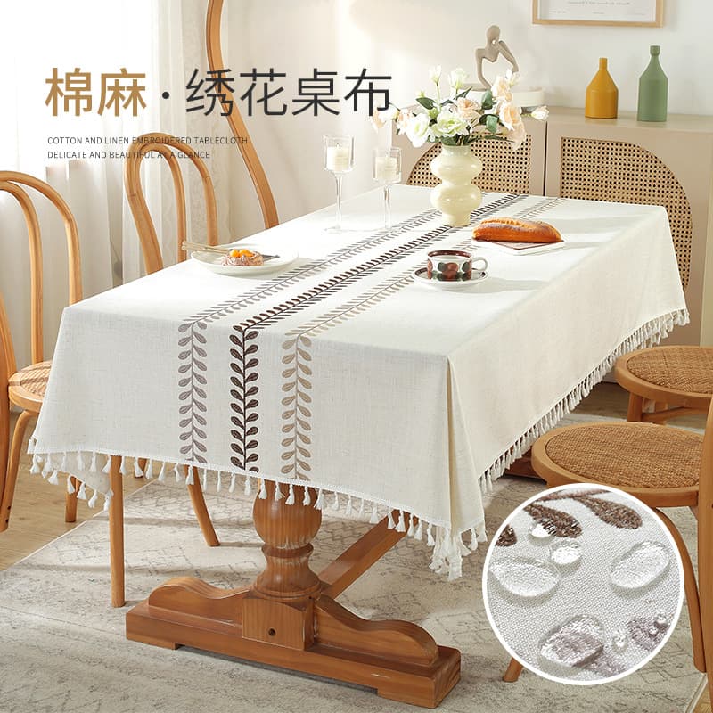 Light luxury imitation cotton and linen high-end embroidered tablecloth waterproof and oil-proof dining table stall decoration long lace cover cloth dropshipping