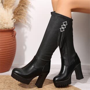 2026 Autumn New Round Toe Side Zipper Chunky Heel Tall Boots High-Fashion European and American Style Motorcycle Boots Comfortable Boots