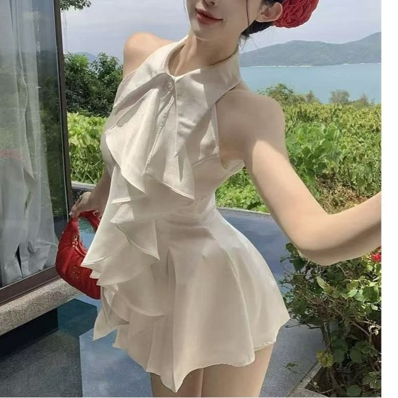 Popular Ruffled Sleeveless Shirt Tops Women's Summer French Style Mid-Length Waist Slim Shirt One Piece Dropshipping