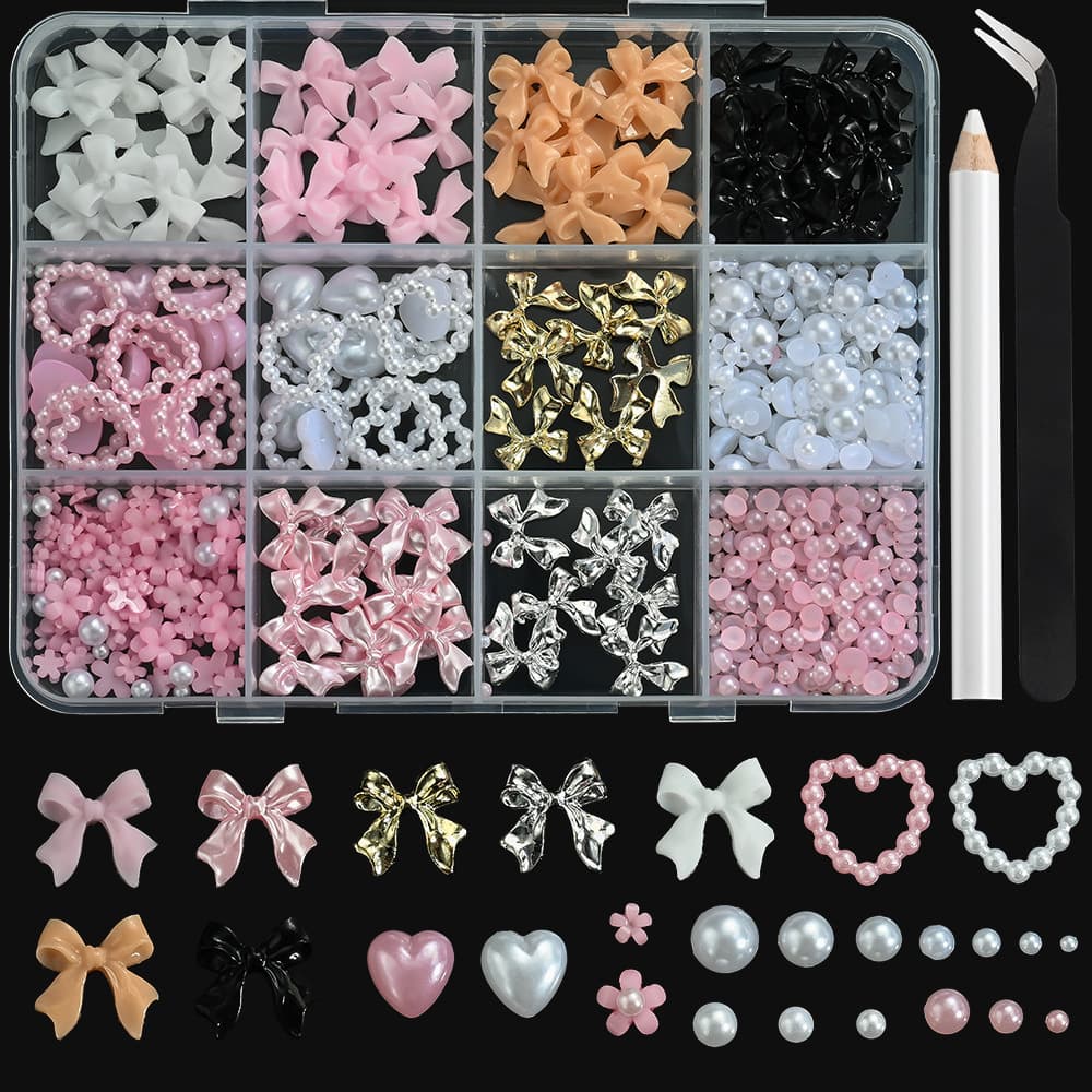 12-frame nail art jewelry bow love heart pearl resin nail decoration five-petal flower pearl nail accessories