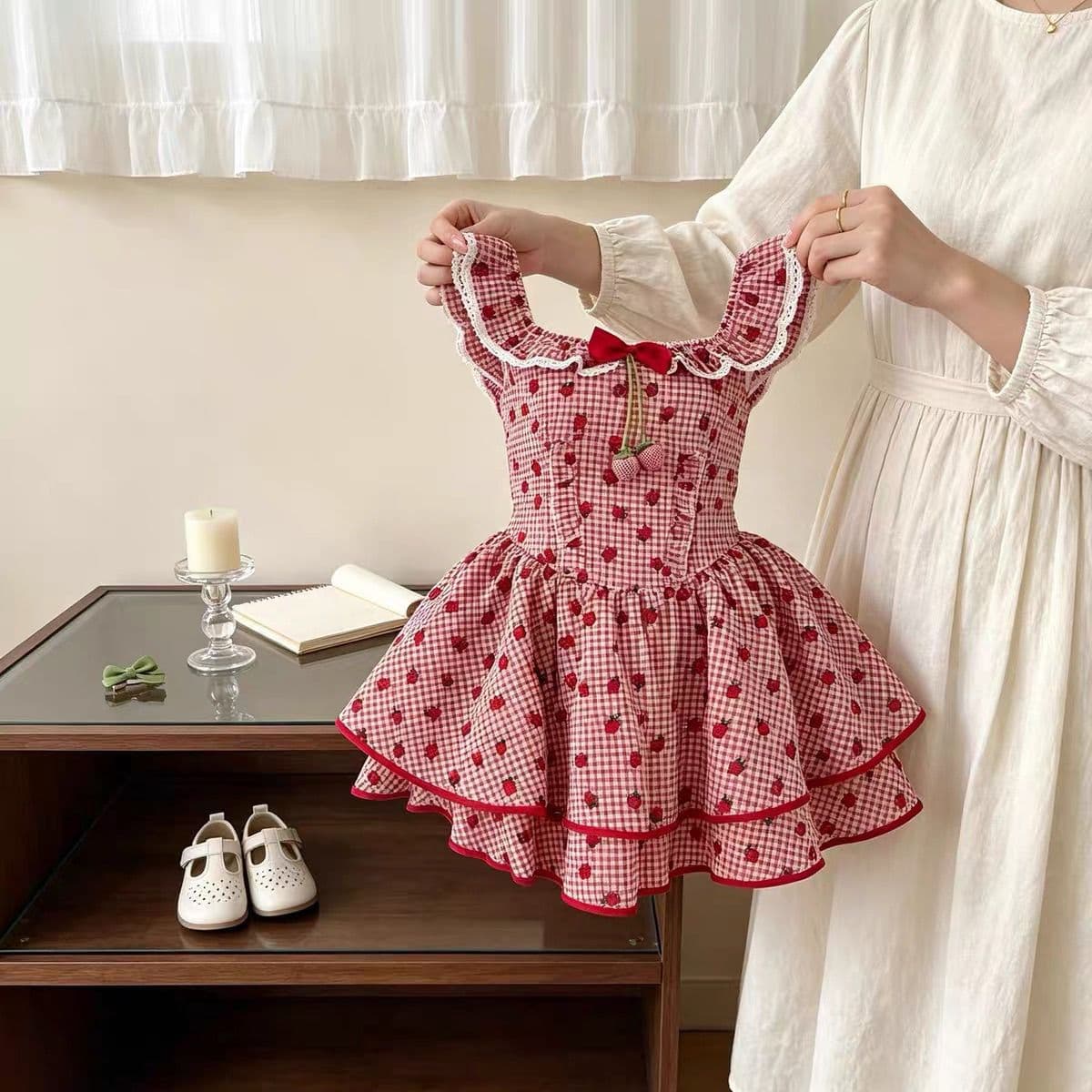 2026 Summer New Girls Dress Korean Style Princess Dress Red Strawberry Plaid Cake Dress Lotus Neck Short Skirt
