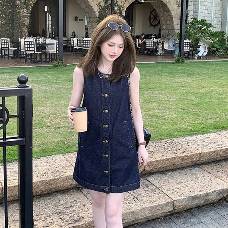 Korean Retro Denim Button Cardigan Dress Women's Summer New Loose Slimming Sleeveless Vest Skirt