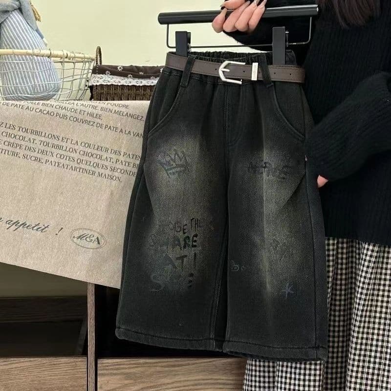 Korean Style Girls' Autumn/Winter New Fleece-Lined Letter Print Straight Dark Jeans Baby Girls' Casual Long Pants