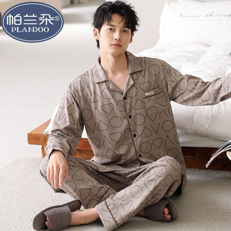 Pure Cotton Long-Sleeved Men's Pajamas Autumn and Winter Thin Cardigan Lapel High-End Casual Home Wear