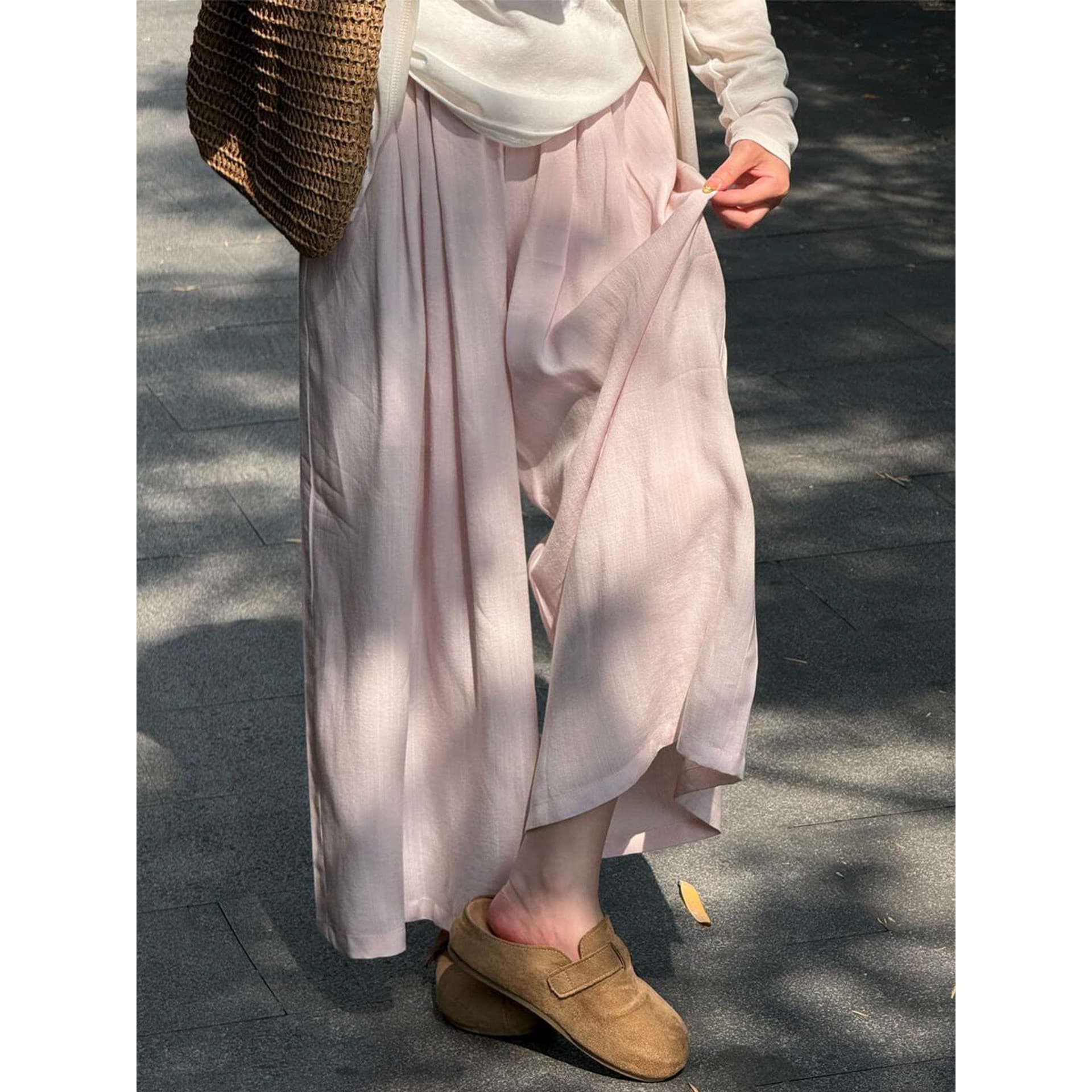 Summer Thin Light Pink Linen Skirt Shorts for Women, High Waist, Breathable, Slimming, Loose, Casual, Lazy Style, Straight, Ankle-Length Pants