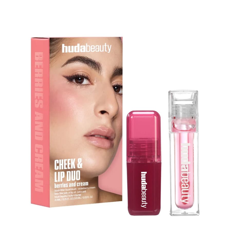 Huda Beauty Lip & Cheek Duo Set Berry Cream Liquid Blush Nourishing Lip Oil