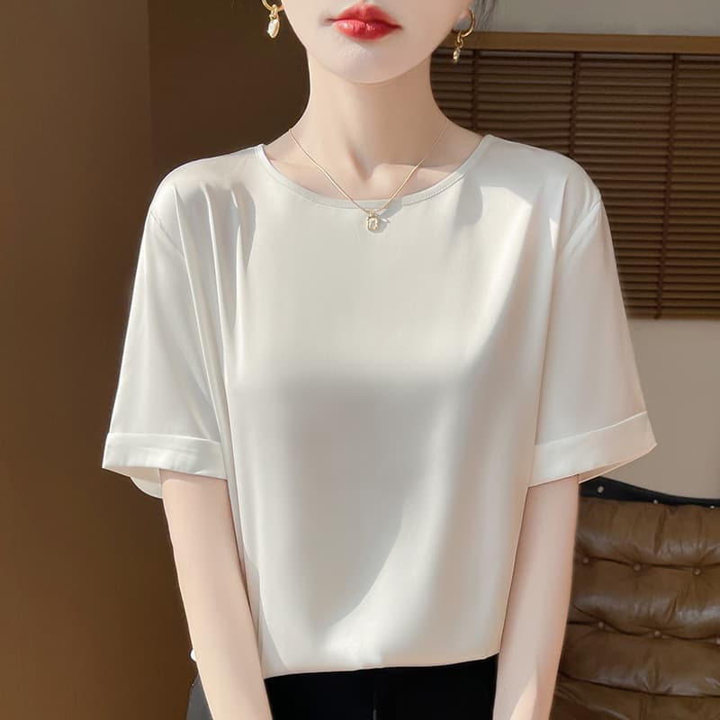 Silky Satin Crew Neck Short Sleeve Women's Spring Summer New Loose Versatile Layering T-Shirt Top Lightweight Breathable Half Sleeve Trendy