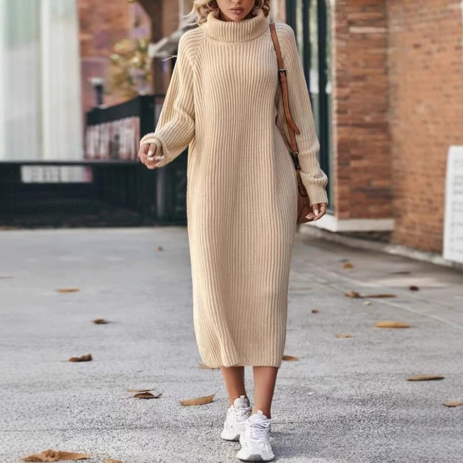 2023 Cross-border Amazon Long Knit Dress Over-the-Knee Loose High Neck Sweater Dress Women Base Layer Dress
