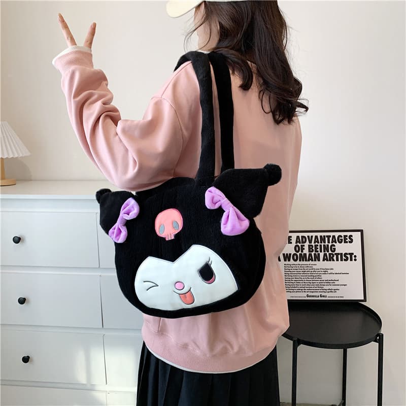 Women's Plush Kuromi Tote Crossbody Bag, Cute Cinnamoroll Ins Handbag, Dog Tooth Tote Bag