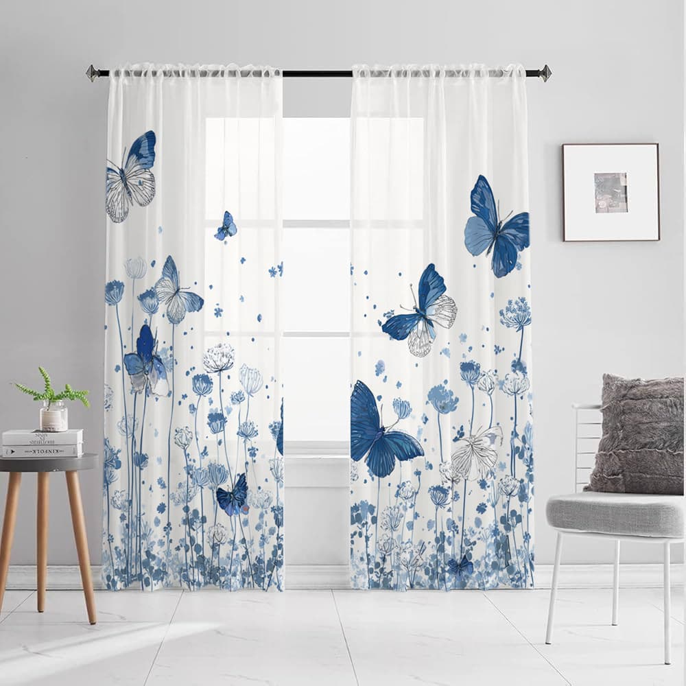 Zhejiang Shaoxing Direct Factory Supply, JIT Cross-border Special, Digital Print Processed Blue Butterfly Floral Design Sheer