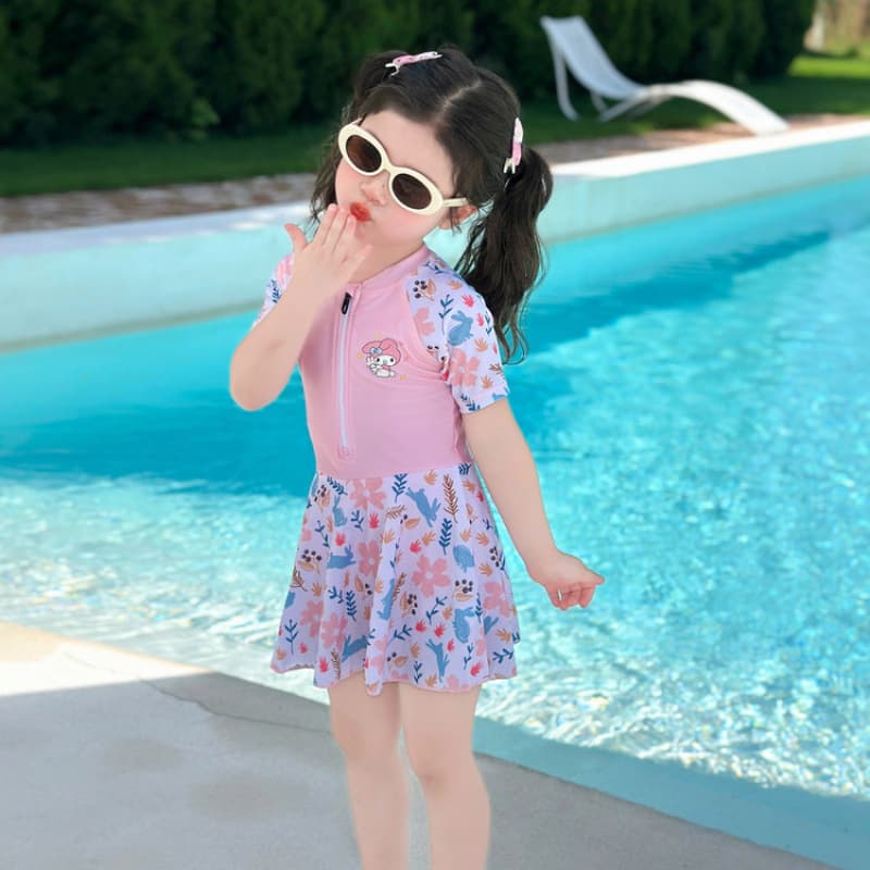 Summer Little Girl Cartoon Print Color-Block Short-Sleeve One-Piece Swimsuit 2026 Cute Comfortable Vacation Style Swimwear