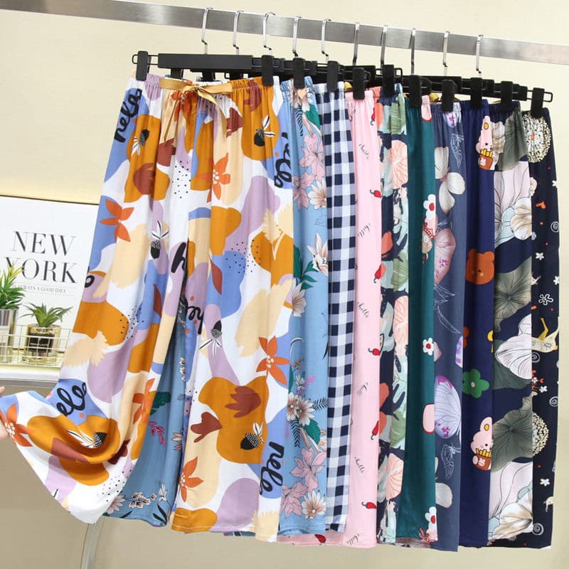 Women's Cotton Silk Sleep Pants Summer Loose Plus Size Wide Leg Capri Pants Home Wear Outdoor Wearable Rayon Pants for Ladies