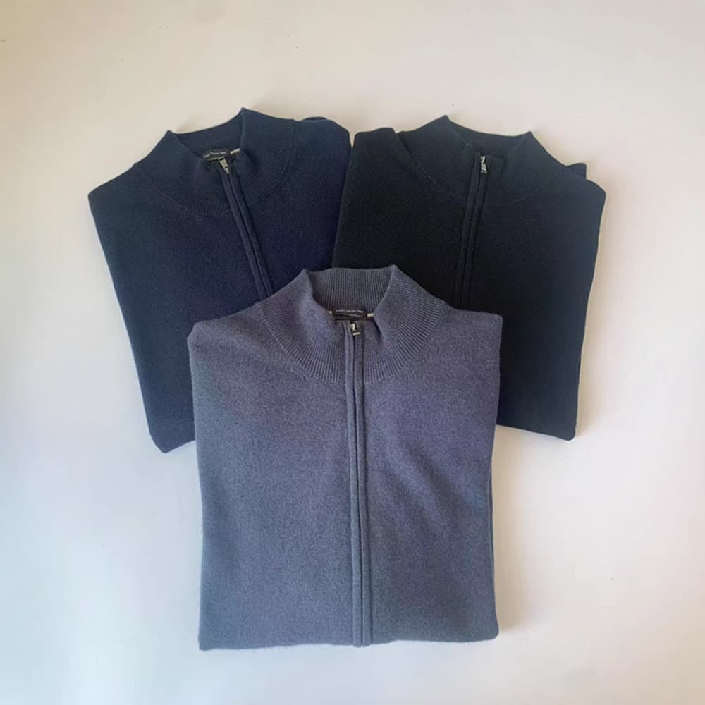 Foreign Trade B**S Men's Wear Autumn/Winter Solid Color Knit Half-Turtleneck Sweater Warm Versatile Double Zipper Cardigan Jacket