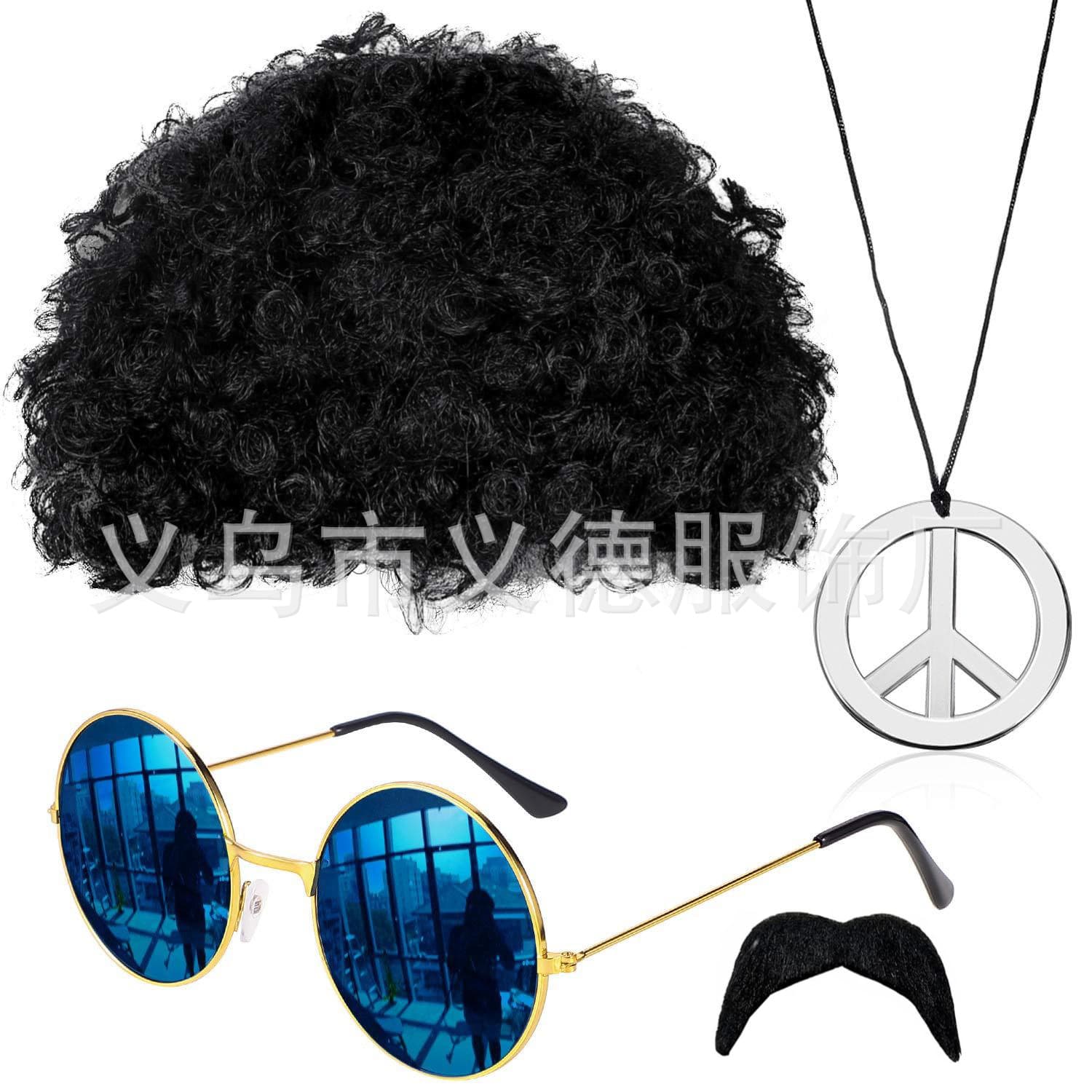 Halloween Hippie Party Peace Sign Set Fans Wig Sunglasses Mustache Peace Sign Necklace Set