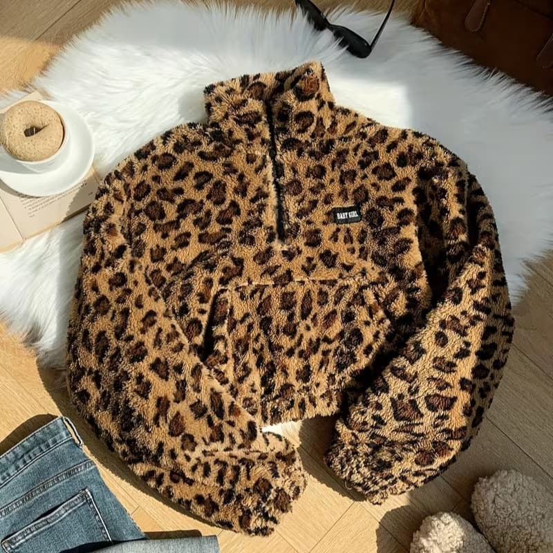European and American Cross-Border Amazon Temu Style Leopard Print Faux Fur Short Jacket Sweatshirt Women's Autumn and Winter Coat