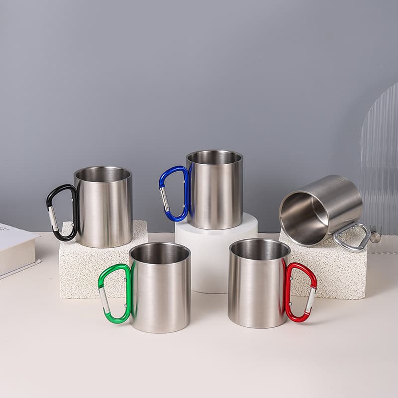 Outdoor Double-Layer 300ml Small Mouth Metal Cup, Portable Camping Coffee Cup, Stainless Steel Carabiner Cup