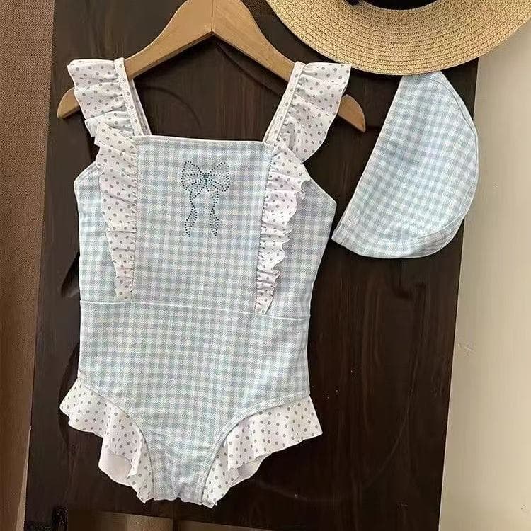 Korean-style Girls One-piece Swimsuit 2026 New Fashionable Baby Girl Summer Blue Plaid Lace Children's One-piece Swimwear
