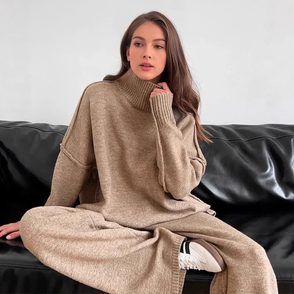 Cross-border exclusive for 2025 autumn and winter turtleneck slit knitted suit for women, Russian sweater and trousers two-piece set, lazy style