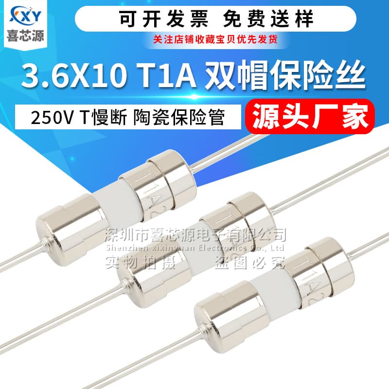 3.6x10mm double cap ceramic fuse tube 250V T1A slow blow with lead pin power fuse protector
