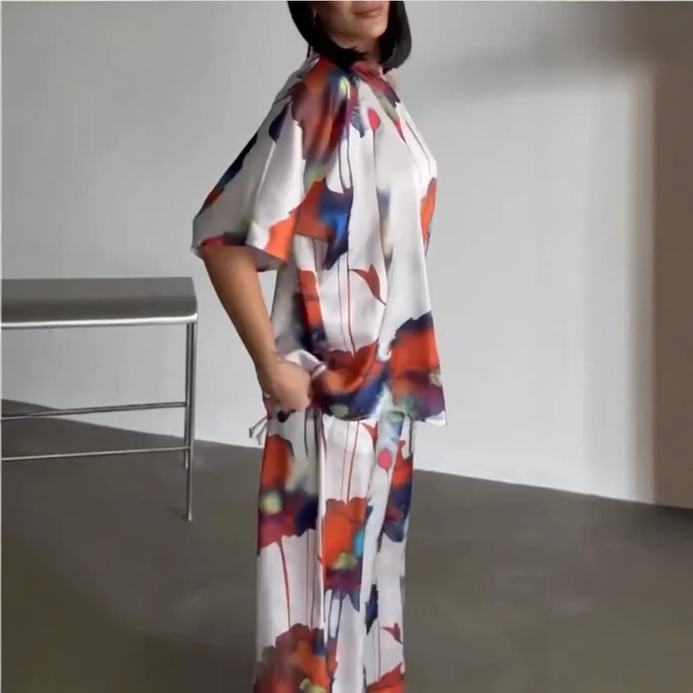 EU/US Cross-border 2025 Summer New Independent Site Loose Casual Printed Batwing Sleeve Top and Wide-Leg Pants Two-Piece Set