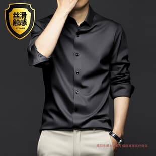 Men's Long-Sleeve Wrinkle-Resistant Non-Iron Business Dress Shirt for Spring/Autumn, Premium Ice-Silk Fabric, Black